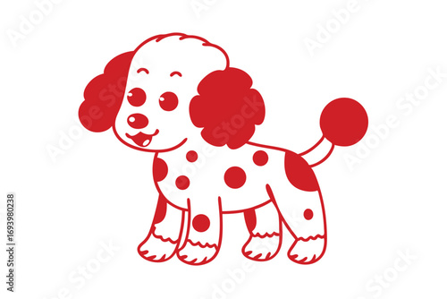 Happy white cartoon dog shows red spots and curly hair cheerfully standing upright