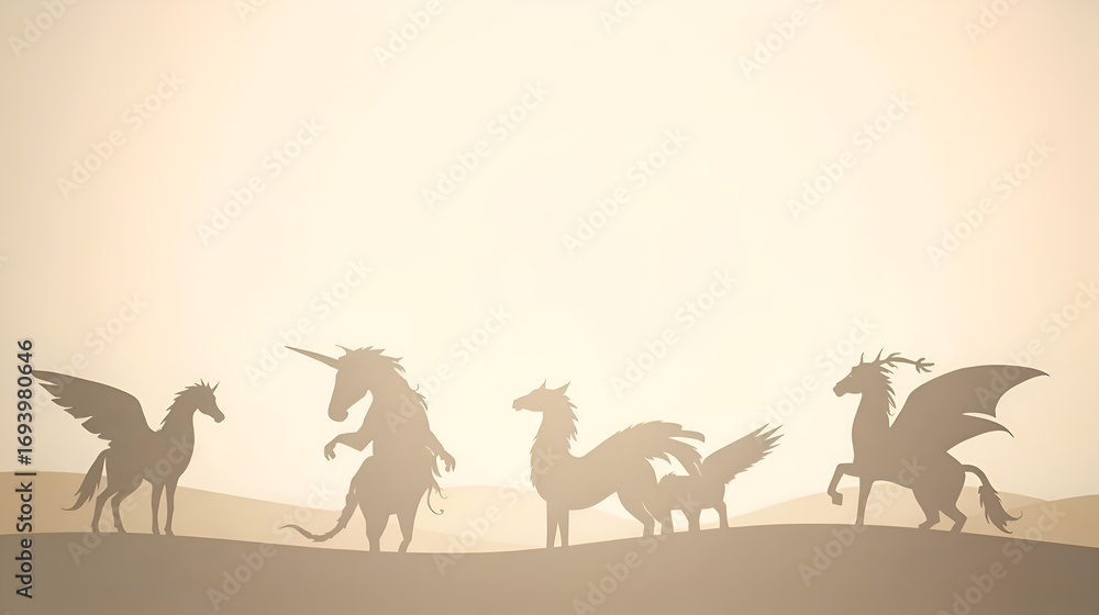 Fototapeta premium Silhouettes of Pegasus unicorn and winged creatures on a sandy surface under a cream colored sky