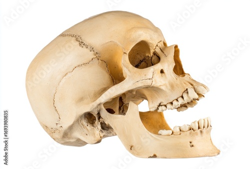 Off-white skull, side view, open mouth showing teeth; intricate bone structure, isolated on a clean white background