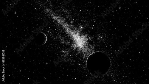 Dot space grain noise vector graphic with planets and stars. Night sky background. Monochrome cosmic illustration for science fiction concept.