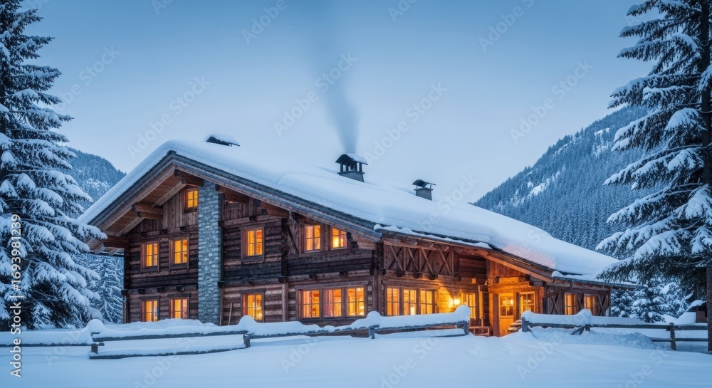 Fototapeta premium Cozy wooden cabin with warm lights in snowy mountain winter landscape