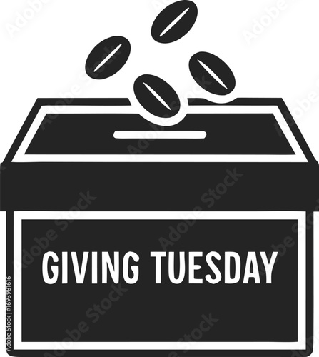 Giving Tuesday donation box with falling coffee beans and text charity