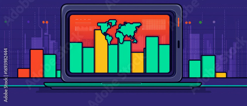 Vibrant digital of laptop screen displaying bar chart with colorful bars and world map overlay, symbolizing global financial inclusion and digital banking progress
