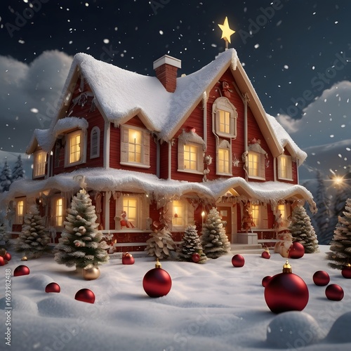 Miniature Christmas House with Snow Decorations and Ornaments