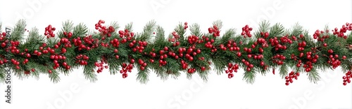 A festive garland of green pine branches densely decorated with clusters of vibrant red berries, on a white background