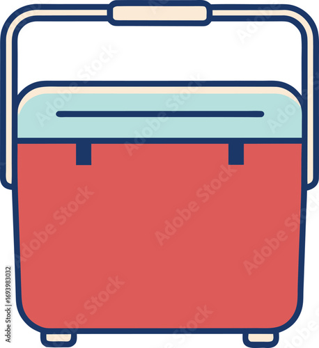 Simple flat icon of a red and blue portable cooler with a handle