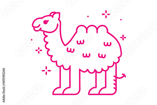 Outline of magenta camel with curly fur stands calmly under small star shapes