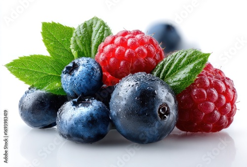 Close-up of fresh blueberries and raspberries with green leaves on a glossy white surface, showing water droplets