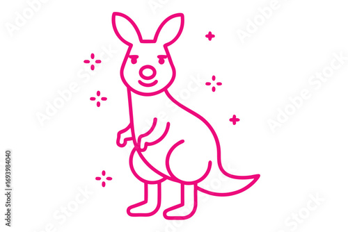 Outlined pink kangaroo stands upright surrounded by twinkling star shapes against a white backdrop