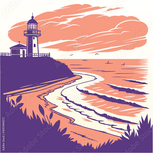 Historic beacon towering over a rocky coastline, guiding ships with its bright light