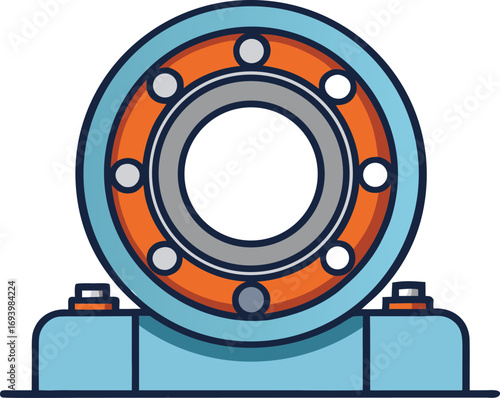 Stylized illustration of a ball bearing mounted on a blue housing