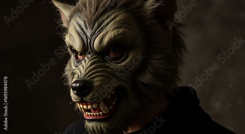Man wearing werewolf mask on halloween day with tense expression in dark environment  