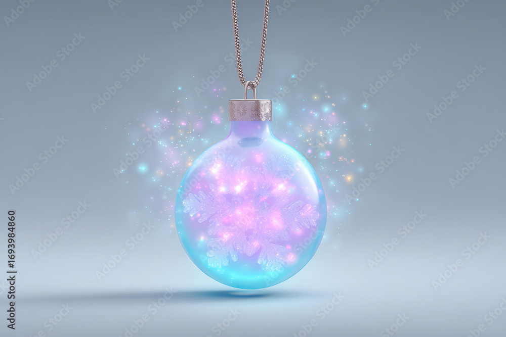 Fototapeta premium christmas ornament animated through smartphone surrounded by delicate snowflakes on clean background