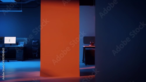 Empty Modern Office Interior with Desks and Computers in Blue and Orange Lighting