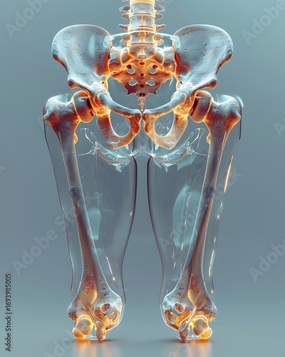 **Ultra-Premium Photorealistic 3D Medical Stock Photo Of Human Pelvic Region In Transparent Clinical Overlay. Panel 1: Natural Hip Joint Anatomy With Femoral Head And Acetabulum Visible, Muscles And V