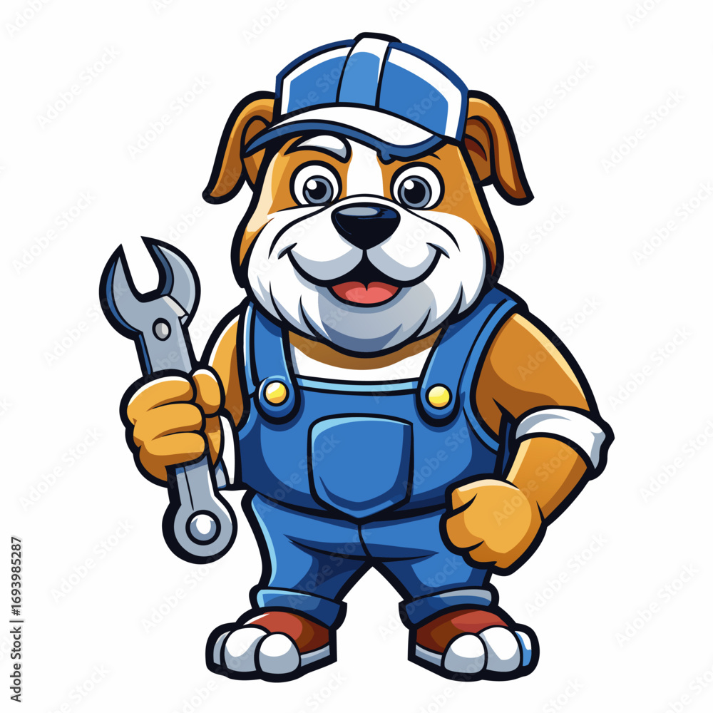Obraz premium Lively bulldog mechanic mascot grips wrench firmly while smiling confidently
