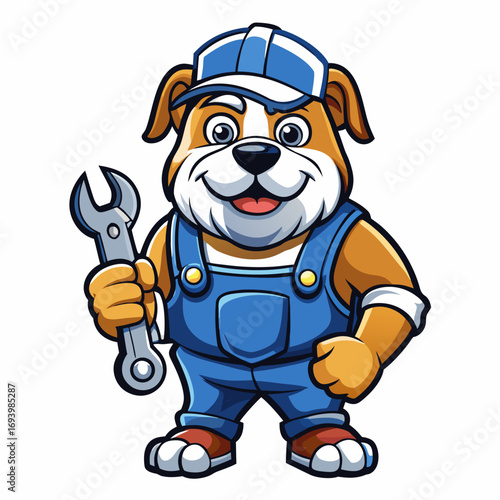 Lively bulldog mechanic mascot grips wrench firmly while smiling confidently