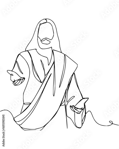 Inviting Jesus Christ figure with open arms offers hope and salvation in minimalist line art style