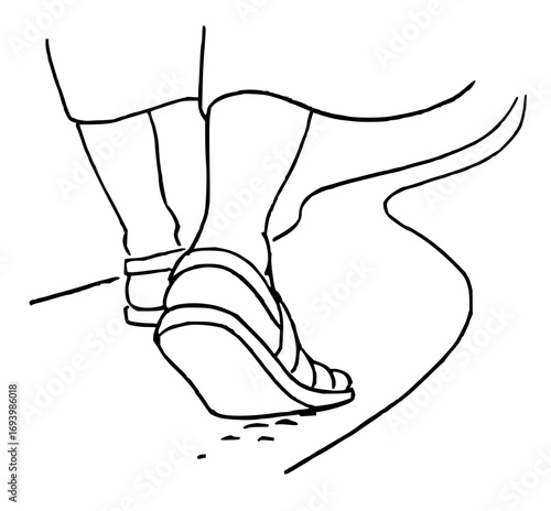 Confident stride forward on a journey, showcasing footwear and determination for success.