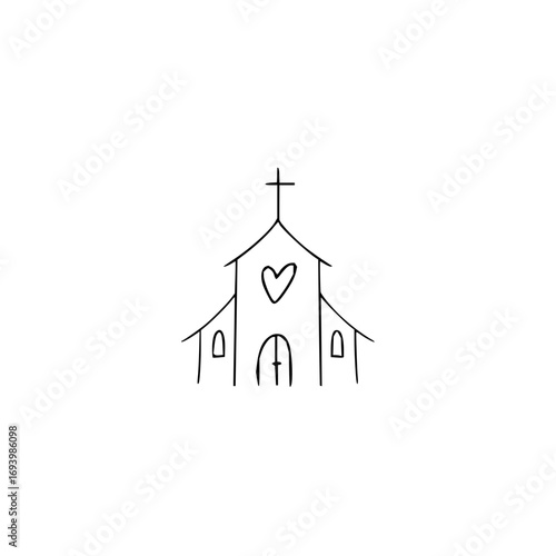Charming simple church building with cross and heart detail, perfect for faith and community themes.