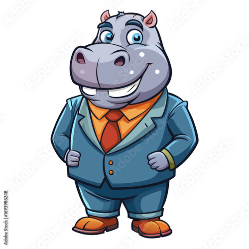 Lively businessman hippo stands proudly, showing leadership skills and approachable personality