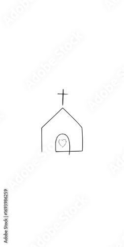 Simple line art church with a heart inside the doorway and a cross on top evokes faith and love