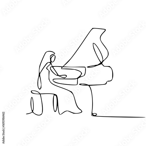 Elegant woman plays grand piano capturing serene musical performance in minimalist line art style