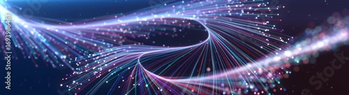 Abstract animation 3D background. Glowing neon lines ray particles on black background