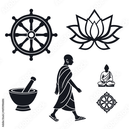 Obraz na płótnie Buddhist symbols dharma wheel lotus monk mortar buddha lotus flower mortar and p