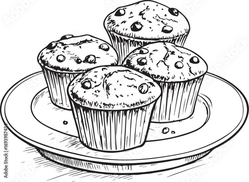 Muffins on Plate, Cupcakes and Baking Vector Illustration, Sketch Drawing Line Linear Symbol Icon Engraving Coloring Book, Hand-drawn Doodle Black and White Isolated