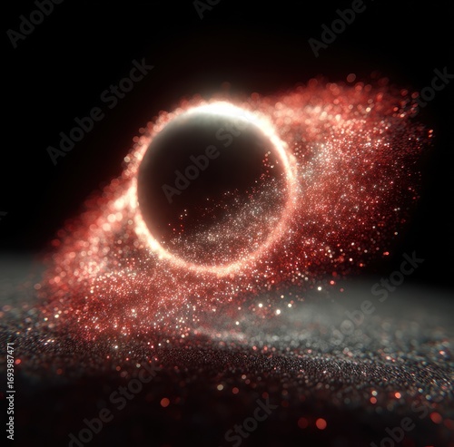 Glowing red particles envelop dark sphere above textured gray surface against stark black backdrop in a blurred, ethereal scene
