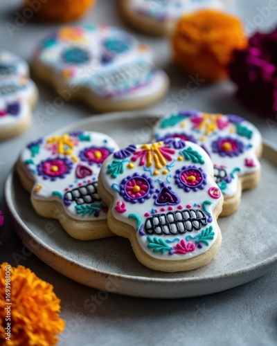 Close-up photo of a sugar skull cookie with colorful icing and marigold petals. A festive food art tribute to Dia de los Muertos, blending creativity, dessert styling, and cultural tradition