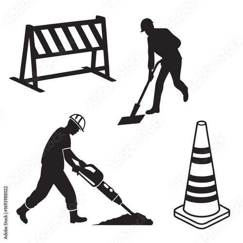 Construction workers with tools and barrier jackhammer
