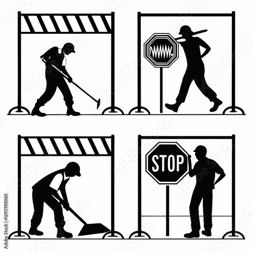 Construction workers with tools and signs silhouettes