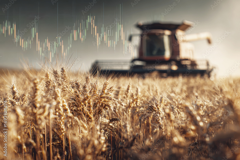 Fototapeta premium Harvesting golden grains with modern machinery in a serene countryside at dusk