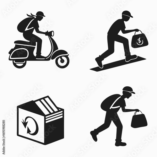 Delivery icons person scooter box bag money silhouette