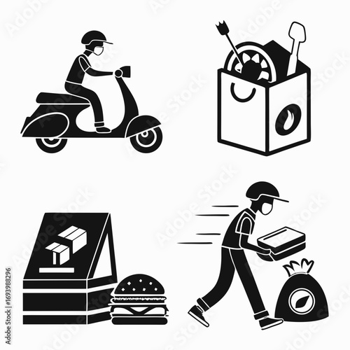 Delivery person on scooter with food and package food delivery burger