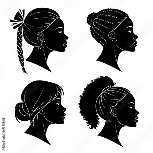 Diverse female profiles showcasing various hairstyles silhouette braids