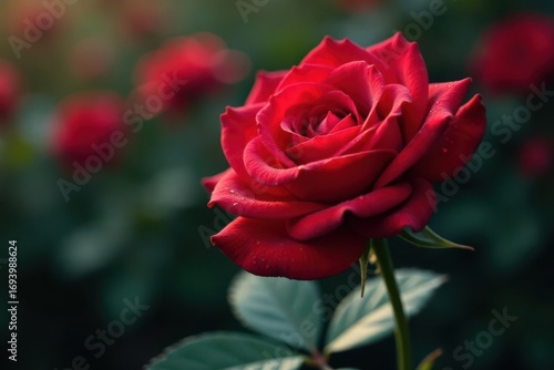 Single, vibrant red rose with dew drops Floral background , flower, dew