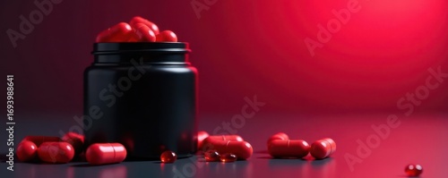 Sleek black jar, crimson capsules, vibrant backdrop , packaging, drug, pharmaceutical
