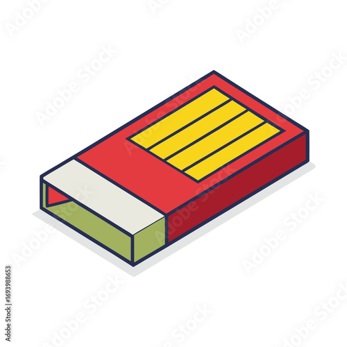 Stylized isometric illustration of a red matchbox with yellow striking surface