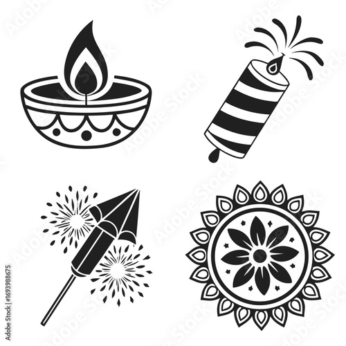 Diwali icons diya lamp firecracker mandala vector