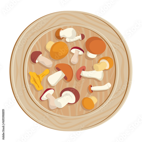 Assorted forest mushrooms on a wooden plate, Hand drawn Vector illustration. Autumn design, edible mushrooms. Perfect for autumn food design, recipe, kitchen decor and seasonal projects