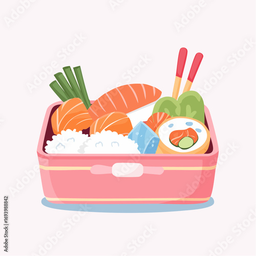 Modern Colrfull Playfull Japanese Bento Box Filled with Rice, Shrimp, Sushi, Nori, Leek in Vector Illustration