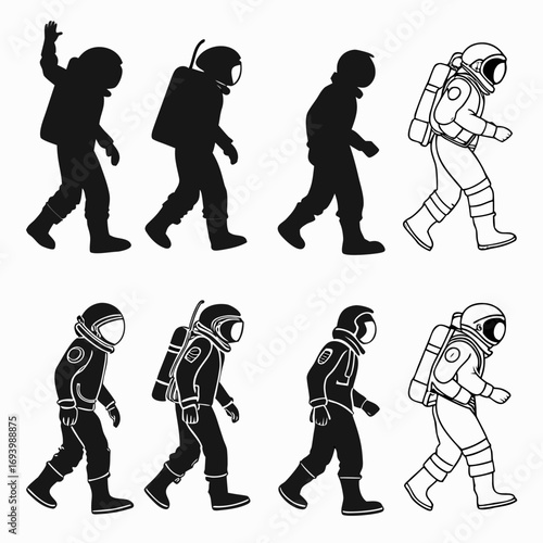 Eight astronauts walking space exploration figures space suit silhouettes