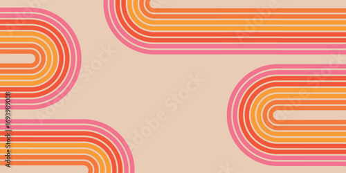 Abstract background with 70s color gradient. Background decorated with retro and fun geometric shapes. Vintage hippie vector illustration for interiors, decorations, banners, covers, and cards.