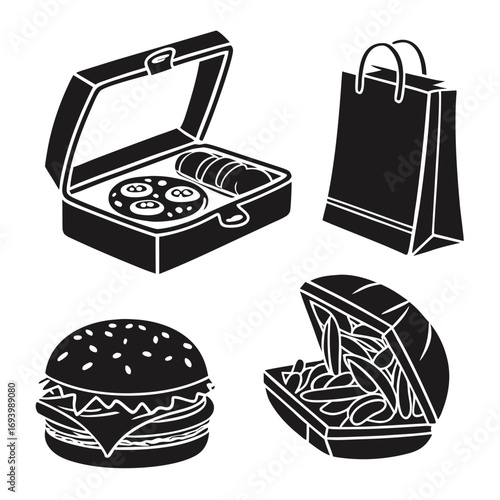Fast food icons burger fries pizza box shopping bag vector