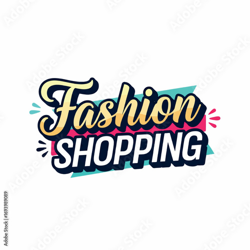 Vector graphic of the text Fashion in a hand-drawn, whimsical style, bright primary colors, playful elements, white background, twilight light, with a neon glow effect framing the text