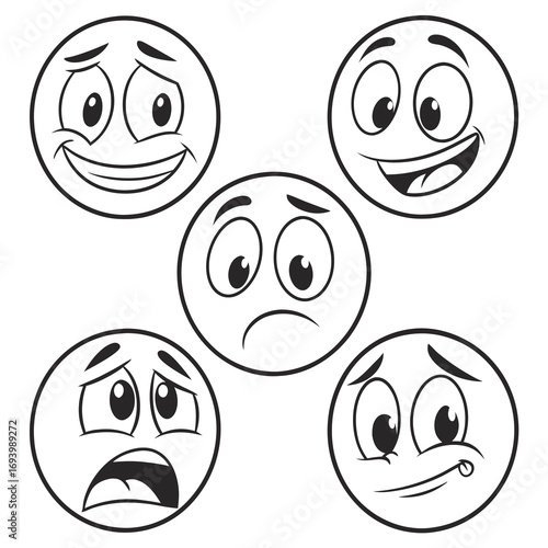Five cartoon faces showing different emotions happy surprised