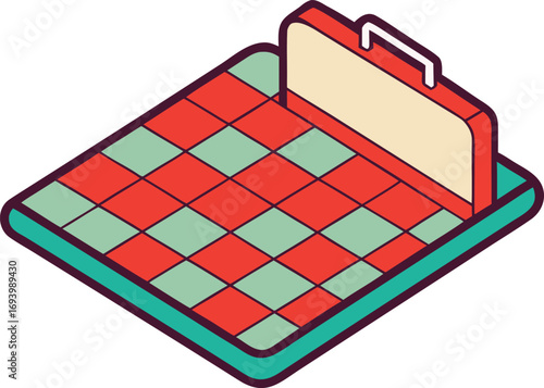 Retro isometric picnic blanket with open suitcase and handle